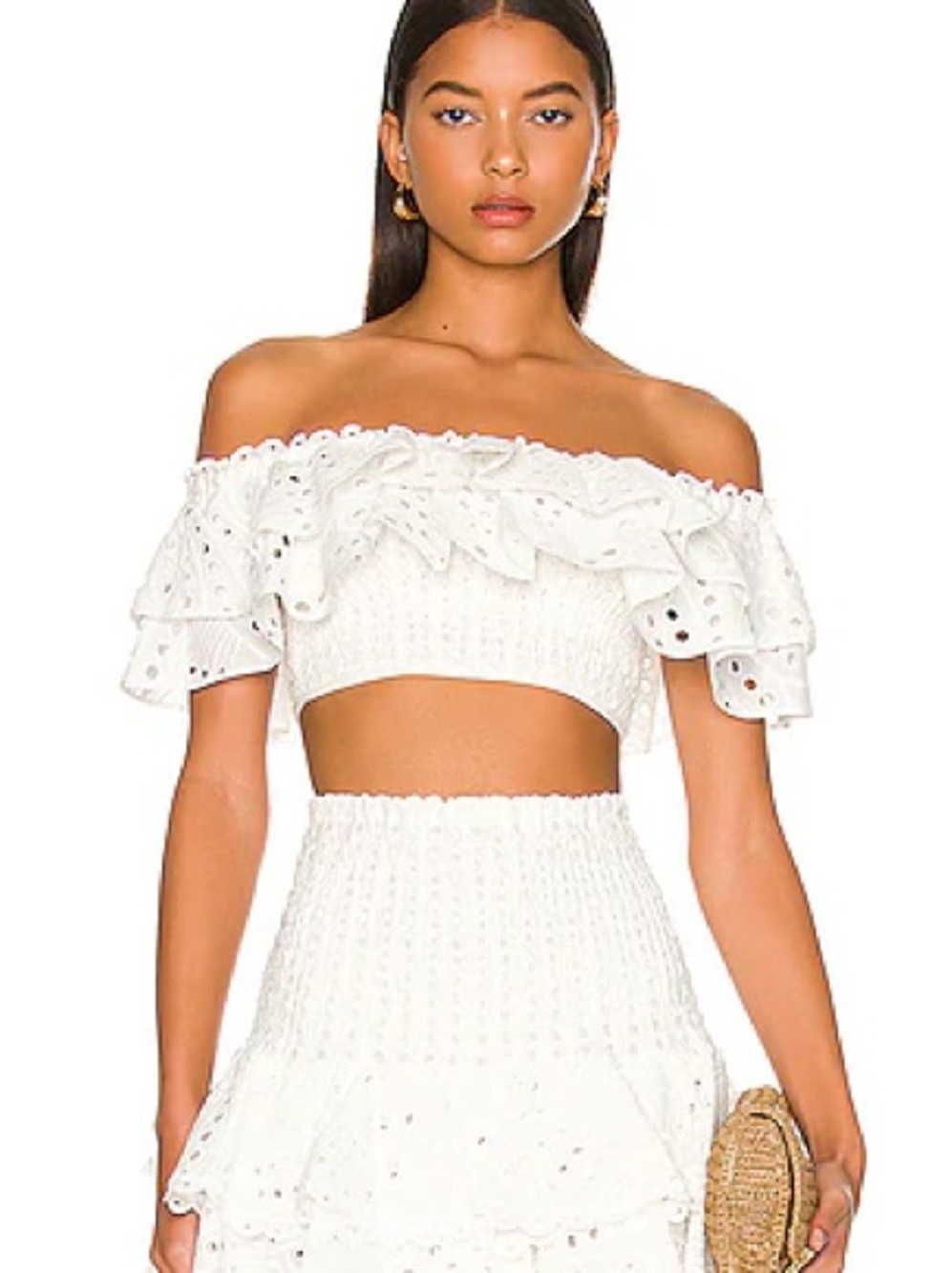 Charo Ruiz Ibiza Clara White Eyelet Off-Shoulder Ruffle Crop Top